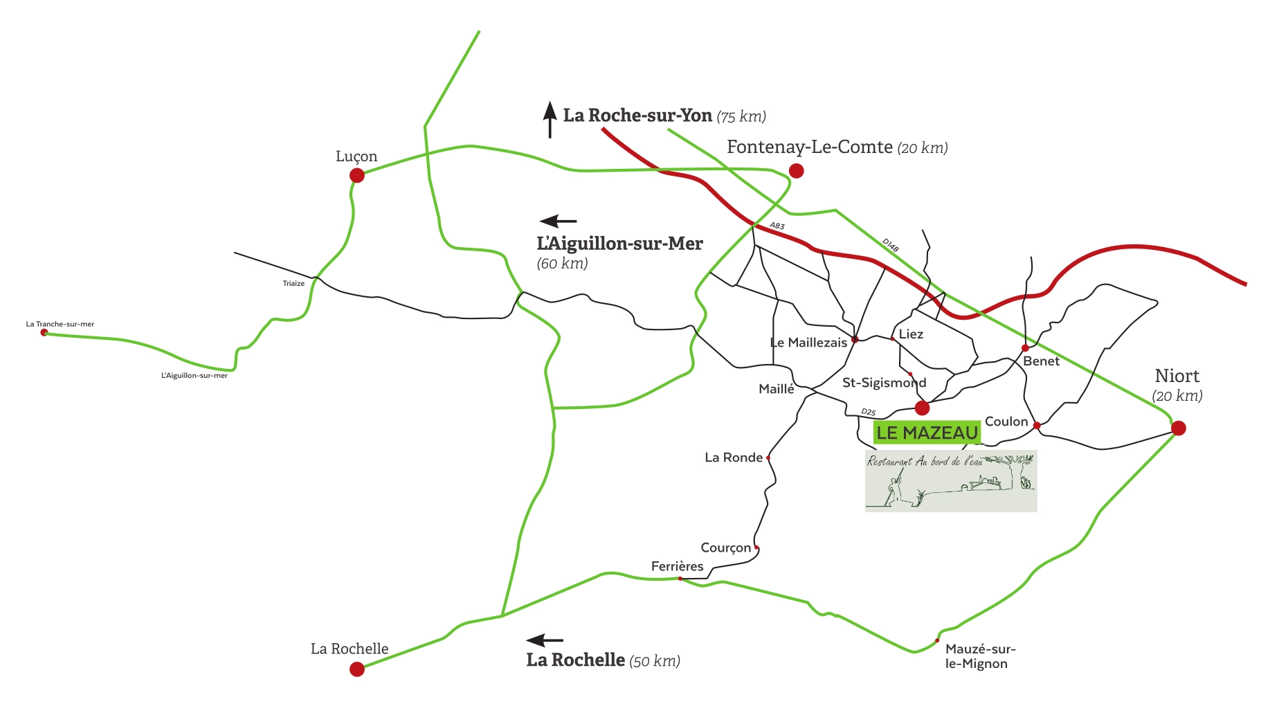 Plan de situation du restaurant dans le marais poitevin